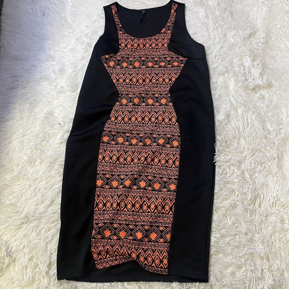 DGNY Womens Geometric XL Black Orange Sleeveless Dress Stretch Polyester MIDI
